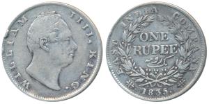 William IV, Silver Rupee, 1835, Calcutta Mint, Dug out F incuse, A / I, Two leaves, 19 Ber