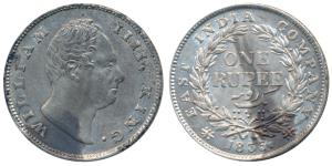 William IV, Silver Rupee, 1835, Calcutta Mint, F raised, A / I, Two leaves, 19 Berries, (P