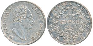 William IV, Silver Rupee, 1835, Calcutta Mint, F incuse, No dot after F, A / II, Bud Leave