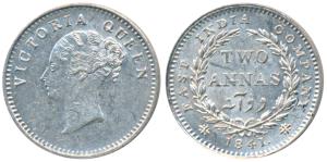 Victoria Queen, Silver 2 Annas, 1841, Continuous legend, Calcutta Mint, English Head, Cres
