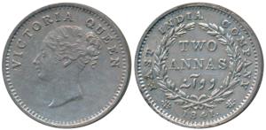 Victoria Queen, Silver 2 Annas, 1841, Continuous legend, Madras Mint, English Head, S incu