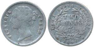 Victoria Queen, Silver 2 Annas, 1841, Divided legend, Calcutta Mint, WW raised, 9 Berries 