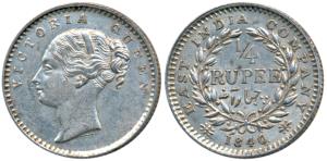 Victoria Queen, Silver ¼ Rupee, 1840, Continuous legend, Calcutta Mint, English Head, 20 B