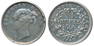 Victoria Queen, Silver ¼ Rupee, 1840, Continuous legend, Madras Mint, English Head, S incu