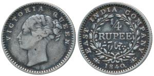 Victoria Queen, Silver ¼ Rupee, 1840, Continuous legend, Madras Mint, English Head, S incu