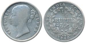Victoria Queen, Silver ¼ Rupee, 1840, Divided legend, Calcutta Mint, Mule, WW raised, wrea