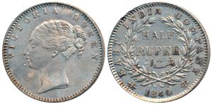 Victoria Queen, Silver ½ Rupee, 1840, Continuous legend, Calcutta Mint, English Head, 19 B