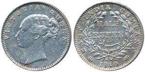 Victoria Queen, Silver ½ Rupee, 1840, Continuous legend, Madras Mint, English Head, 19 Ber