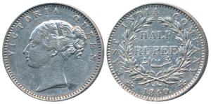Victoria Queen, Silver ½ Rupee, 1840, Continuous legend, Bombay Mint, English Head, 19 Ber