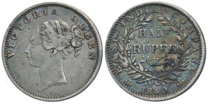 Victoria Queen, Silver ½ Rupee, 1840, Continuous legend, Calcutta Mint, Indian Head, 19 Be