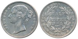 Victoria Queen, Silver ½ Rupee, 1840, Divided legend, Madras Mint, B raised WW incuse, 24 