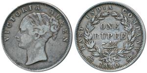 Victoria Queen, Silver Rupee, 1840, Continuous legend, Calcutta Mint, Mule, English Head, 