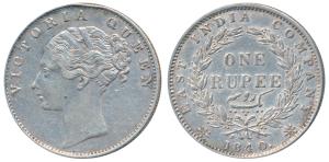 Victoria Queen, Silver Rupee, 1840, Continuous legend, Calcutta Mint, Indian Head, 35 Berr