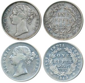 Victoria Queen, Silver Rupee (2), 1840, Divided Legend, Calcutta / Bombay Mint, WW raised,