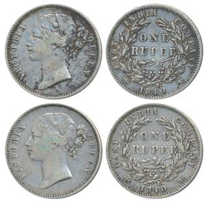 Victoria Queen, Silver Rupee (2), 1840, Divided Legend, Calcutta / Bombay Mint, WW raised,
