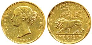 Victoria Queen, Gold Mohur, 11.66g, 1841, Divided legend, WW incused on truncation, cross 
