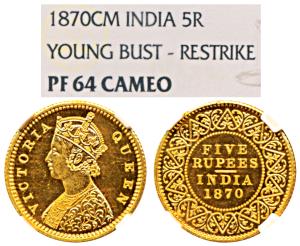 Victoria Queen, Gold Rupees 5, 1870, Calcutta Mint, Young bust, with ‘CM’ in Jabbot (Prid 