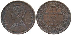 Victoria Queen, Copper ¼ Anna, 1862, Bombay Mint, 4 lace panels in jabot with a single flo
