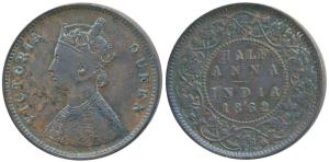 Victoria Queen, Copper ½ Anna, 1862, Calcutta Mint, Bust B, 4 panels in jabot with tiny ’v