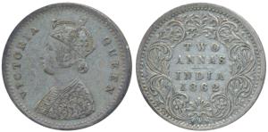 Victoria Queen, Silver 2 Annas, 1862, Bombay Mint, (Prid 486). About Extremely Fine.