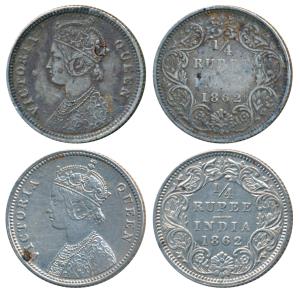 Victoria Queen, Silver ¼ Rupee, 1862, Calcutta Mint, A / I / No mint mark, (Prid 376). Ver