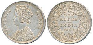 Victoria Queen, Silver Rupee, 1862, Calcutta Mint, A / II(a), pineapple cones at four plac