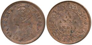 Victoria Empress, Copper 1/12 Anna, 1885, Calcutta Mint, obv. B, (Prid 790). Extremely Fin