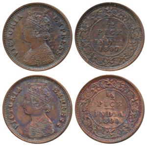 Victoria Empress, Copper ½ Pice, (2) 1897 and 1899. Extremely Fine to About Uncirculated. 