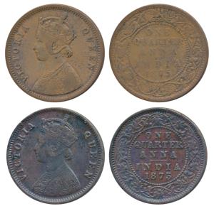 Victoria Queen, Copper ¼ Anna, 1875, Calcutta Mint & Bombay Mint, (Prid 609 & 635). Fine+ 