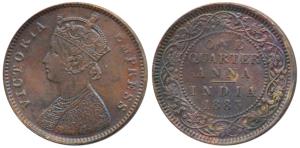 Victoria Empress, Copper ¼ Anna, 1883, Calcutta Mint, C not visible, Rev II, (Prid 616). E