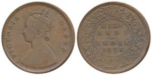 Victoria Queen, Copper ½ Anna, 1876, Calcutta Mint, Bust B, 4 panels to the jabot with tin