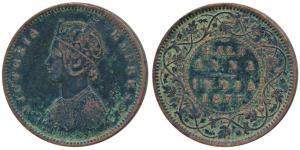 Victoria Empress, Copper ½ Anna, 1877, Calcutta Mint, Bust C, 4¾ panels to the jabot with 