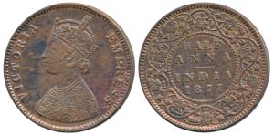 Victoria Empress, Copper ½ Anna, 1877, Bombay Mint, Bust B, 4 panels to the jabot with tin
