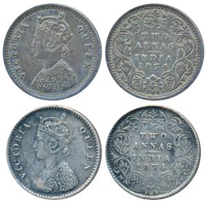 Victoria Queen, Silver 2 Annas, 1874 (2), Calcutta Mint and Bombay Mint, A / I / No mint m