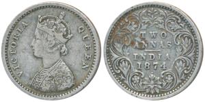 Victoria Queen, Silver 2 Annas, 1874, Bombay Mint, A / I / dot, Unlisted in Pridmore, (SW 