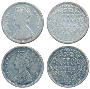 Victoria Queen, Silver 2 Annas, 1876, Bombay Mint, A / I / No mint mark, (Prid 518). Fine+