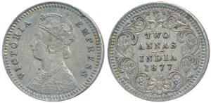 Victoria Empress, Silver 2 Annas, 1877, Bombay Mint, B / II / dot in top flower, Unlisted 