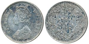 Victoria Empress, Silver 2 Annas, 1877, Bombay Mint, A / I / dot, (Prid 520). Very Fine+.