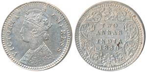 Victoria Empress, Silver 2 Annas, 1880, Calcutta Mint, B / II / C incuse, (Prid 495). Abou