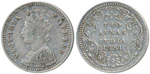 Victoria Empress, Silver 2 Annas, 1881, Bombay Mint, B / II / dot, (Prid 524). Very Fine+.