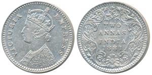 Victoria Empress, Silver 2 Annas, 1881, Calcutta Mint, B / II / C incuse, (Prid 496). Very