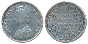 Victoria Empress, Silver 2 Annas, 1882 Bombay Mint, A / II / dot (Prid 526). Fine+, Rare