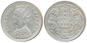 Victoria Empress, Silver 2 Annas, 1882, Bombay Mint, B / II / dot, (Prid 527). About Extre