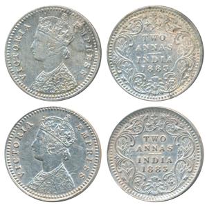 Victoria Empress, Silver 2 Annas, 1883, Calcutta Mint, B / II / C incuse; Bombay Mint, B /