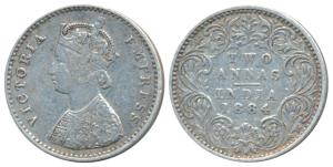 Victoria Empress, Silver 2 Annas, 1884, Bombay Mint, A / I / dot, (Prid 532). Very Fine, V