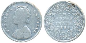 Victoria Empress, Silver 2 Annas, 1884, Bombay Mint, A / I / B raised & dot, (Prid 532). E