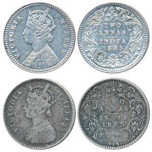 Victoria Empress, Silver 2 Annas, 1885, Calcutta Mint, B / II / C incuse; Bombay Mint, A /