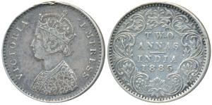 Victoria Empress, Silver 2 Annas, 1885, Bombay Mint, A / I / No mint mark, (Prid 536A). Ve