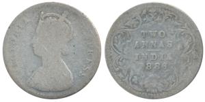 Victoria Empress, Silver 2 Annas, 1886, Bombay Mint, A / II / B incuse.Unlisted in Pridmor