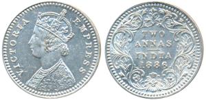 Victoria Empress, Silver 2 Annas, 1886, Calcutta Mint, B / II / C incuse (Prid 501). Extre